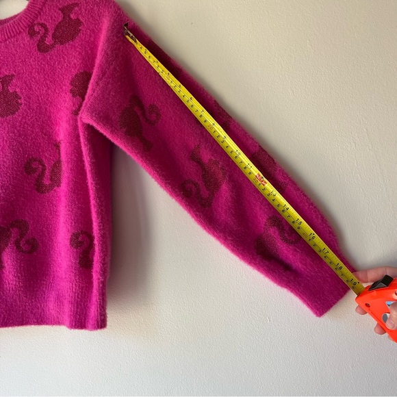 Barbie Fuzzy Pink Sweater Metallic Logo Print Girls Size L 10/12 Y2K Barbiecore - Picture 5 of 10